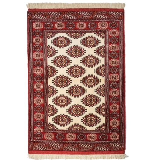 Handmade Cream and Red Persian Turkmen Wool Rug A279